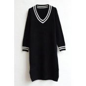 Black V-Neck Long Sleeve Longline Split Side Sweater Dress