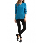 Blue V-Neck Long Sleeve High Low Sweater