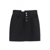 Plain Button Fly Denim Mini A-Line Skirt