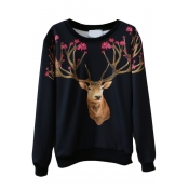 Deer Head Print Round Neck Long Sleeve Sweatshirt