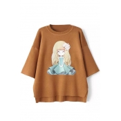 Lovely Little Girl Print Round Neck 3/4 Length Sleeve Slit Side Sweater