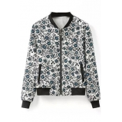 Floral Print Stand Collar Zip Front Long Sleeve Padded Coat