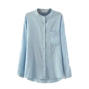 Plain Stand Collar Long Sleeve Single Breasted Pocket Shirt