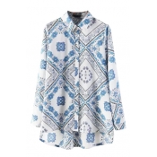 Blue Floral Print Long Sleeve Single Breasted High Low Lapel Shirt