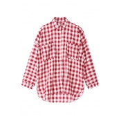 Plaid Lapel Single-Breasted Double Pocket Long Sleeve Boyfriend Shirt