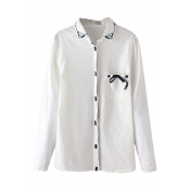 White Embroidery Lapel Tie Pocket Long Sleeve Shirt