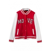 Letter Embroidery Stand Collar Color Block Long Sleeve Single-Breasted Bomber Jacket