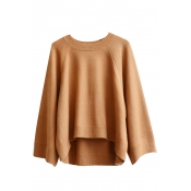 Plain Round Neck Long Sleeve High Low Loose Sweater