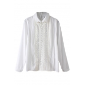 Plain Beaded Lapel Lace Crochet Front Long Sleeve Chiffon Shirt