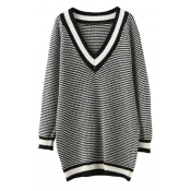 Stripe V-Neck Long Sleeve Longline Pullover Sweater