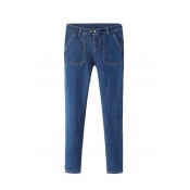 Plain Blue Zipper Fly Double Button Pockets Skinny Jeans
