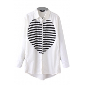 Stripe Heart Lapel High Low Long Sleeve Single-Breasted Shirt
