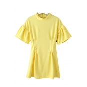 Yellow Round Neck Half Flared Sleeve A-Line Dress