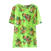 Green Beautiful Floral Print Round Neck Short Sleeve T-Shirt