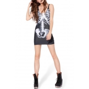 Black Background Skeleton Print Print Bodycon Tank Dress