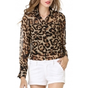 Leopard Print Long Sleeve Chiffon Lapel Shirt