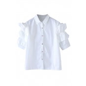 Plain Ruffled Half Sleeve Single-Breasted Shirt