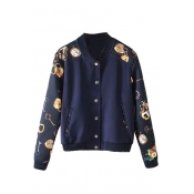 Color Block Key Print Single-Breasted Stand Collar Bomber Jacket