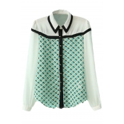 Geometric Print Lapel Color Block Single-Breasted Long Sleeve Chiffon Shirt