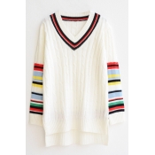 V-Neck Stripe Long Sleeve High Low Split Side Sweater