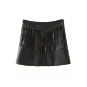 Plain Black Zipper Side PU Tassel A-Line Mini Skirt