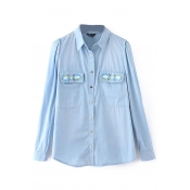 Plain Beaded Pockets Lapel Single-Breasted Long Sleeve Shirt