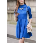 Plain High Neck Zip Back 3/4 Length Sleeve Fit and Flare Dress