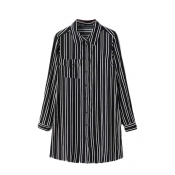 Black Background White Stripe Lapel Pocket Long Sleeve Shirt