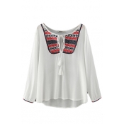 Tribal Embroider Round Neck Tie Front High Low Long Sleeve Shirt