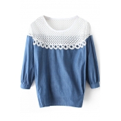 Mesh Insert Lace Crochet 3/4 Length Sleeve Shirt
