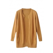 Round Neck Long Sleeve Pockets Open Front Knit Cardigan