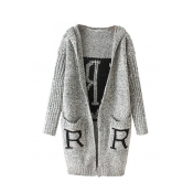 Gray Letter Pattern Back Double Pocket Long Sleeve Hooded Open Front Cardigan