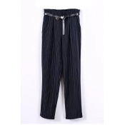 Stripe Zip Fly Elastic Back Pants with Belt