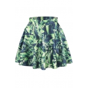 Green Abstract Print Elastic Waist Mini Flared Skirt