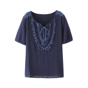 Tie Front Round Neck Tassel Lace Crochet Short Sleeve Shirt