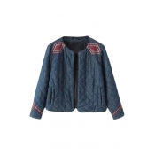 Geometric Embroidery Shoulder Long Sleeve Open Front Quilted Denim Coat