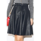 Black PU A-Line Short Skirt with Belt