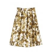 Golden Coin Print High Waist Midi Full Skirt