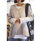 V-Neck Long Sleeve Plain Shredded Pullover Sweater