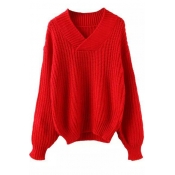 Plain Long Sleeve V-Neck Slim Sweater