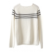 White Raglan Sleeve Square Neck Stripe Sweater