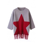 Red Star 3/4 Sleeve Tassel Trim Sweater