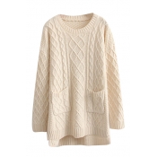 Plain Round Neck Cable Long Sleeve High Low Double Pocket Sweater