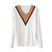 Color Block Long Sleeve V-Neck Fitted Sweater