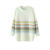 Round Neck Long Sleeve Colorful Stripe Long Sleeve Sweater