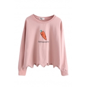 Round Neck Carrot Embroidery Long Sleeve Wave Hem Tee