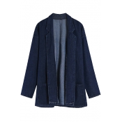 Blue Open Front Long Sleeve Tunic Denim Coat
