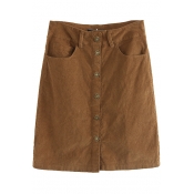 Brown Button Down Double Pockets Wrap Skirt