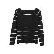 Boat Neck Striped Long Sleeve High Low Sweater
