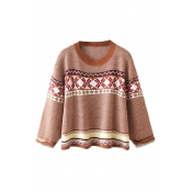 Tribal Jacquard Round Neck Long Sleeve Pullover Sweater
